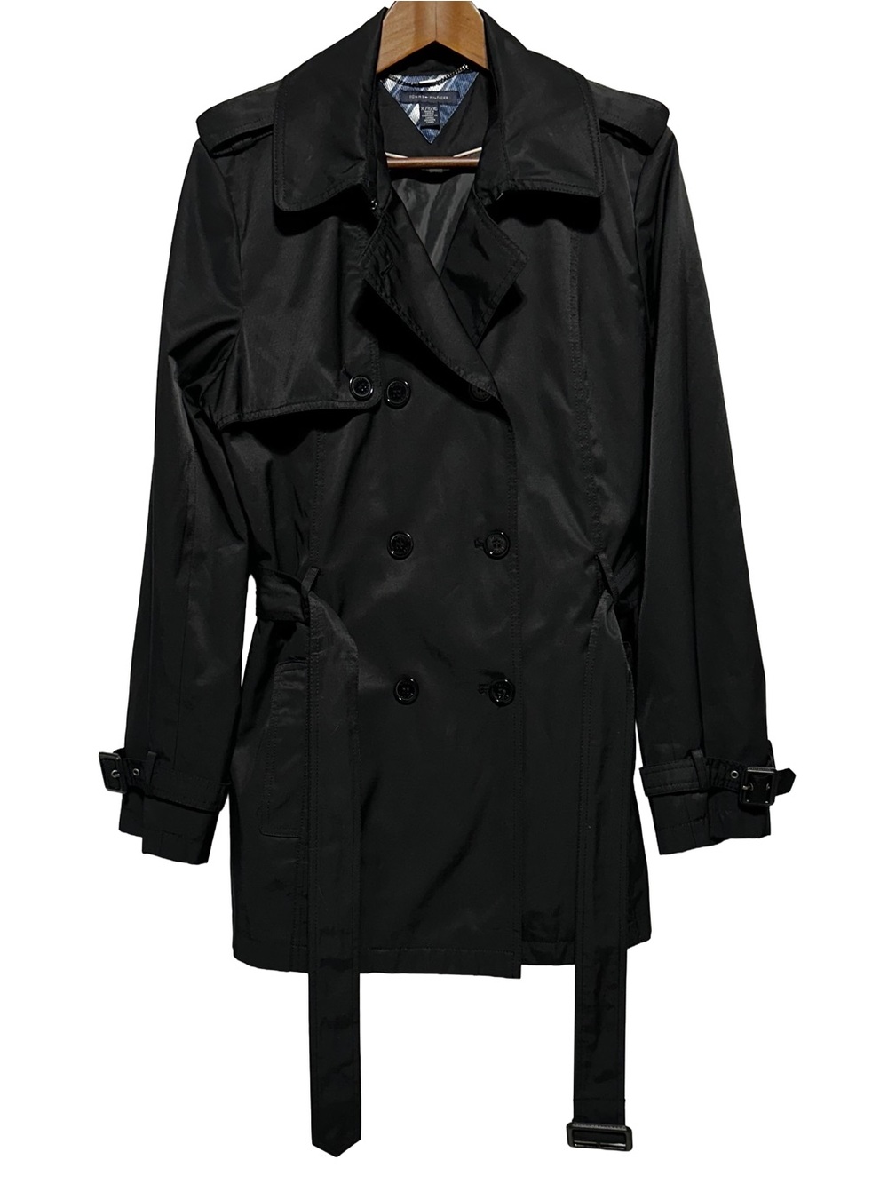 Tommy Hilfiger Womens XL Black Belted Trench Coat Quiet Luxury